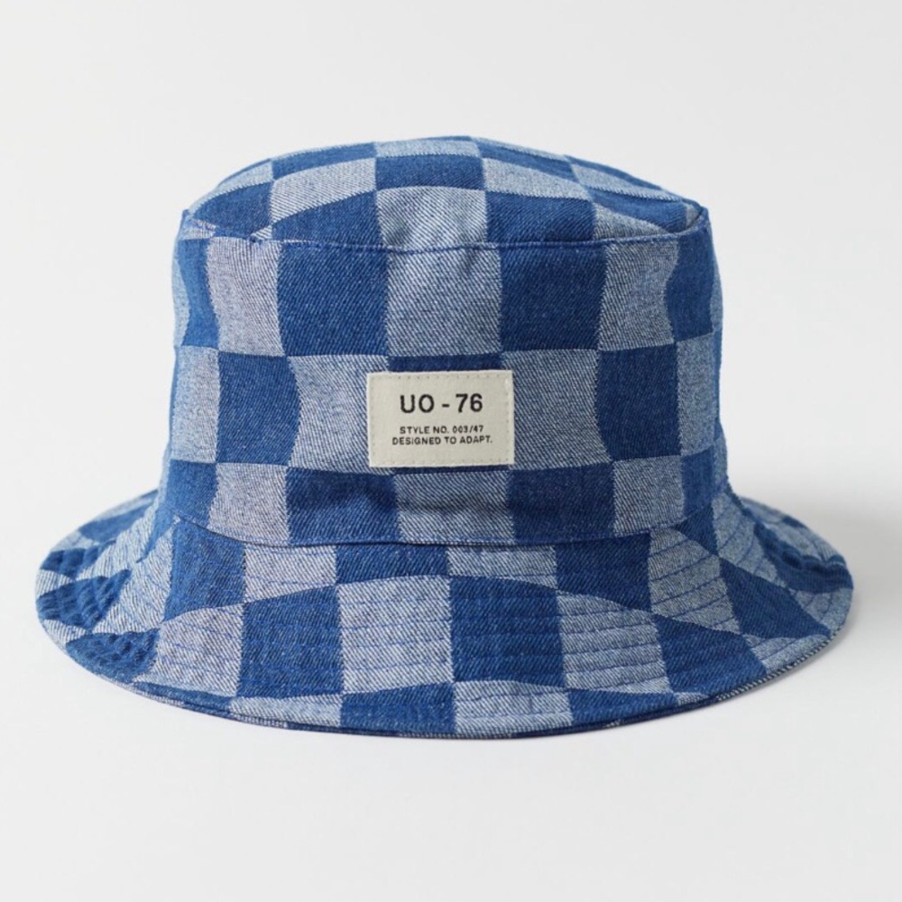 Urban Outfitters Checkered Bucket Hat Cotton Canvas 25th UO-76 Label Blue NEW